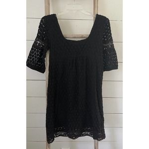 SOLITAIRE By Ravi Khosla Black 100% Cotton Crochet Lace Boho Dress Sz S